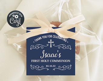 Editable Communion Favor Tags, First Communion, Boy Favor Tags, Navy and Silver Favor Tags (CH205)