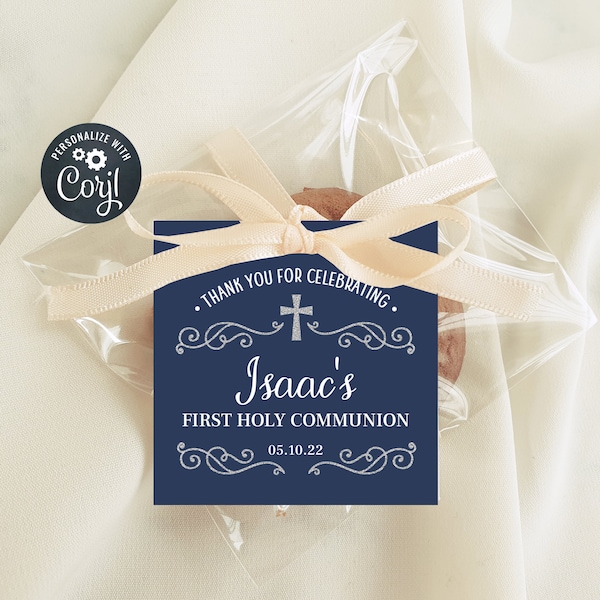 Editable Communion Favor Tags, First Communion, Boy Favor Tags, Navy and Silver Favor Tags (CH205)