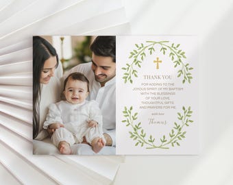 Editable Baptism Thank You Card, Christening Thank You Card, Photo thank you, Green Wreath Thank You Card (CH12)