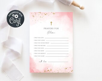 Editable Baptism Prayer Card template, Christening Prayer Card, Baby Girl Prayer Card, Pink and Gold Prayer Card (CH118)