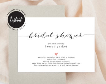 Editable Bridal Shower Invitation in Charcoal and Pink  (BR109)