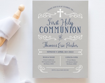 Printable Boy Holy Communion Invitation, Navy and Grey Communion Invitation (CH162)