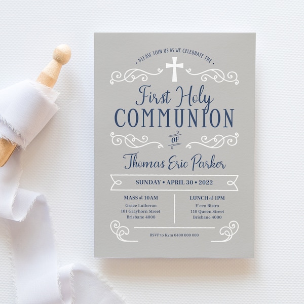 Printable Boy Holy Communion Invitation, Navy and Grey Communion Invitation (CH162)