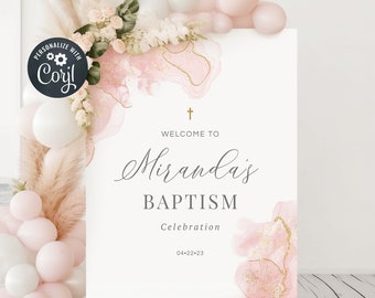 Girl Baptism Welcome Sign Template, Christening Welcome Sign, Instant Download, Blush and Gold Waterolcour (CH477)