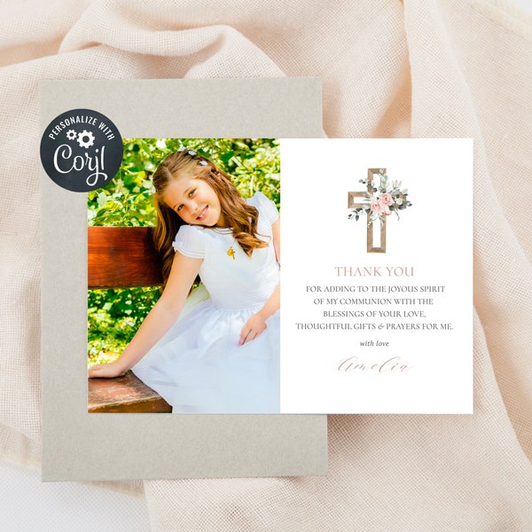 Holy Communion thank you card template, Girl Baptism Thank you, Christening, Wooden Cross with Flowers (CH578)