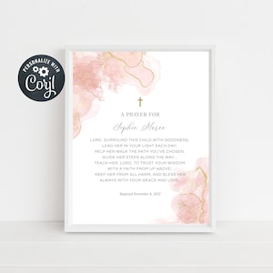Baptism Gift Girl, Digital Prayer Sign, Christening Gift, Baptism Prayer Sign, Godmother gift, Blush Pink and Gold Watercolour (CH477)
