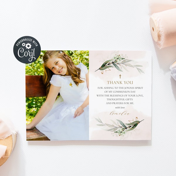 Holy Communion thank you card template, Girl Photo thank you card, Greenery, Gold and Nude Thank you Card (CH576)