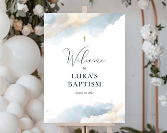 Boy Baptism Welcome Sign, Christening Welcome Sign, Instant Download, Blue, Beige & Gold Watercolour (CH609)