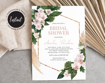 Editable Bridal Shower Invitation, Instant Download, Blush Rose Boho Invite (B01)