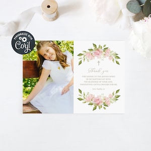Kommunion Dankeskarte Vorlage, Foto Kommunion, Mädchen Kommunion, Taufe, Rosa Rosen Dankeskarte (CH204)
