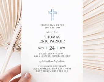 May include: A baptism invitation with a blue watercolor cross at the top. The invitation reads "Please join us for the baptism of our son Thomas Eric Parker, Nov 24, 1 PM, St. Peter Cathedral, 208 Queen St., Brisbane 4000, celebration to follow, The Parker Residence, 208 Laprik St., New Farm 4000, RSVP to Kym 0400 000 000."