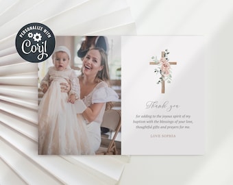 Communion thank you card template, Christening Thank You, Baptism Thank You Card, Wood cross with pink flowers (CH571)