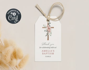 Girl Baptism Favor Tags, Christening Favor Tags, Editable Favor Tags, Wooden Cross with Flowers (CH571)