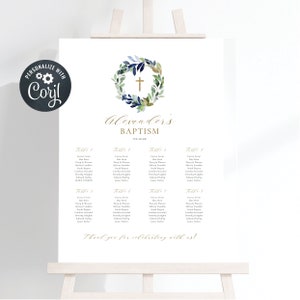 May include: A white seating chart with a watercolor wreath and gold cross at the top. The text "Alexander's Baptism 01.12.22" is at the top of the chart. The chart lists tables and names of guests.