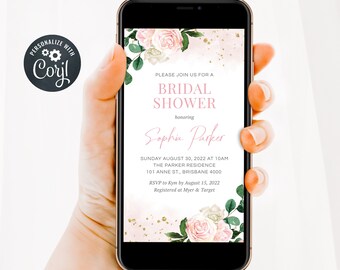 Digital Bridal Shower Invitation, Bridal Shower Evite, Instant Download, Pink Rose & Gold Bridal Shower Invite (B11)