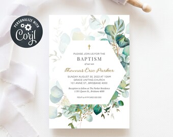Bearbeitbare Taufe, Taufe oder Kommunion einladen, Grün Aquarell und Gold (CH865)