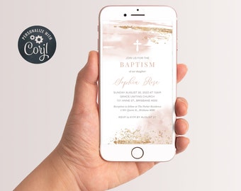Baptism Evite or Christening Evite, Digital Invitation, Blush and Gold Watercolour Invitation (CH513)