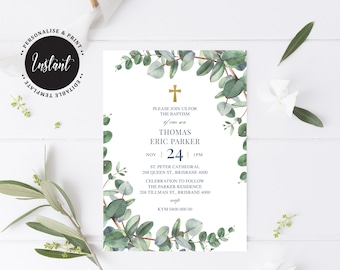 Editable Baptism Invitation, Christening Invitation, Communion Invite, Instant Download, Eucalyptus Leaves Watercolour Invite (CH304)