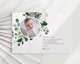 Editable Baptism Thank You Card, Holy Communion thank you card template, Photo thank you, Greenery Photo Thank you Card (CH946)
