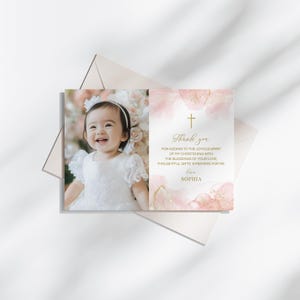 Tarjeta de agradecimiento por el bautismo editable, plantilla de tarjeta de agradecimiento por la Santa Comunión, agradecimiento con foto, acuarela rosa y oro (CH478)