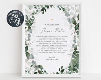 Baptism Gift Boy, Digital Prayer Sign, Christening Gift, Baptism Prayer Sign, Godmother gift, Greenery Baptism Prayer Sign(CH702)