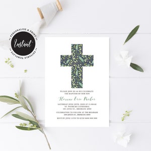 May include: A white invitation card with a cross design filled with green leaves and olive branches. The text reads "Please join us as we celebrate the baptism of our son" and includes event details. The card also has the word "Instant" on it.