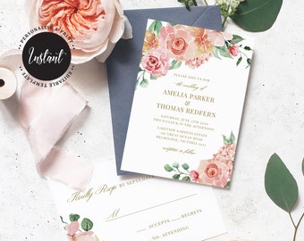 Editable Wedding Invitation and RSVP, Instant Download, Peach and Pink Watercolour Roses (W02)