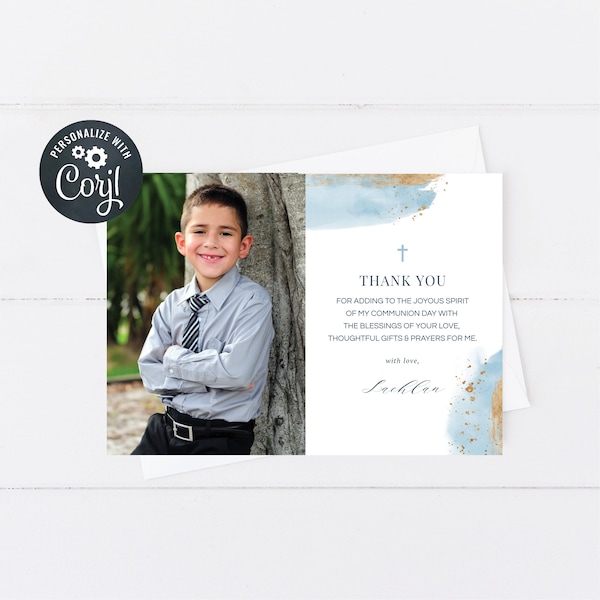 Holy Communion thank you card template, Photo thank you, Boy Communion, Blue Watercolour with Gold Photo Thank You Card (CH487)