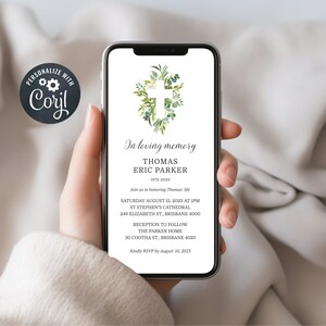 May include: A digital memorial invitation with a white cross surrounded by green leaves. The invitation reads "In loving memory Thomas Eric Parker 1972-2023. Join us in honoring Thomas' life. Saturday August 15, 2023 at 1PM St Stephen's Cathedral 249 Elizabeth St., Brisbane 4000. Reception to follow The Parker Home 30 Cootha St., Brisbane 4023. Kindly RSVP by August 10, 2023."