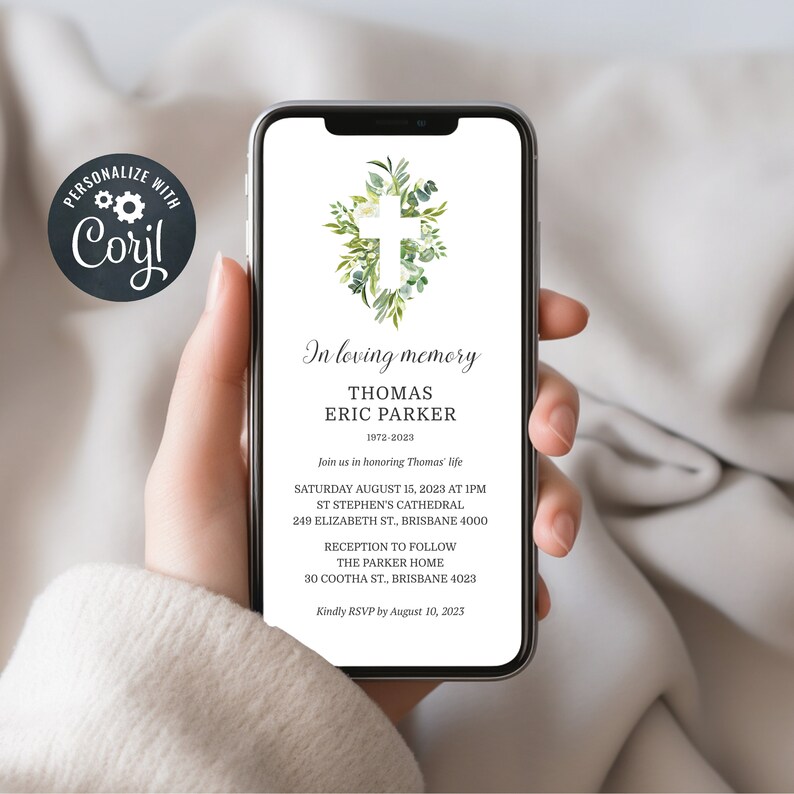 May include: A digital memorial invitation with a white cross surrounded by green leaves. The invitation reads "In loving memory Thomas Eric Parker 1972-2023. Join us in honoring Thomas' life. Saturday August 15, 2023 at 1PM St Stephen's Cathedral 249 Elizabeth St., Brisbane 4000. Reception to follow The Parker Home 30 Cootha St., Brisbane 4023. Kindly RSVP by August 10, 2023."