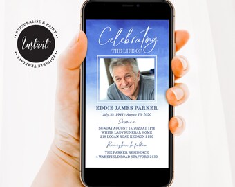 May include: A blue and white digital memorial card with a photo of a man. The card reads "Celebrating the Life of Eddie James Parker, July 30, 1944 - August 16, 2020". The card also includes information about the service and reception.