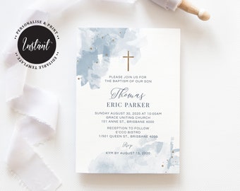 May include: A blue watercolor baptism invitation with a gold cross and the text "Please join us for the baptism of our son Thomas Eric Parker" followed by the date, time, and location of the event. RSVP by August 15, 2020.
