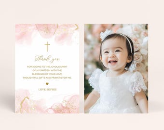 Baptism thank you card template, Christening thank you card, Photo Pink and Gold Watercolour Thank You (CH478)