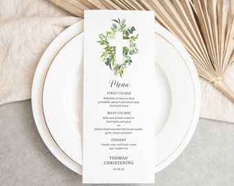 Baptism Menu Template, Christening Menu, Communion Menu, Greenery Cross Menu (CH738)