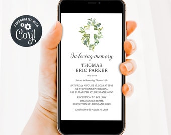 Könnte beinhalten: Ein Smartphone-Bildschirm zeigt eine Traueranzeige für Thomas Eric Parker. Die Anzeige enthält Datum, Uhrzeit und Ort der Trauerfeier sowie den anschließenden Empfang. Die Anzeige ist mit einem Kranz aus grünen Blättern und einem weißen Kreuz verziert.