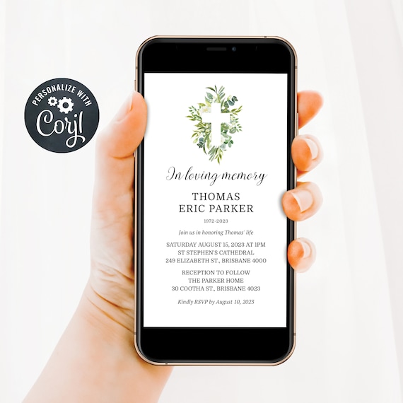 Electronic Funeral Announcement, Male Funeral Invite, Editable Funeral Invitation, Greenery Cross Funeral Invite (F203)