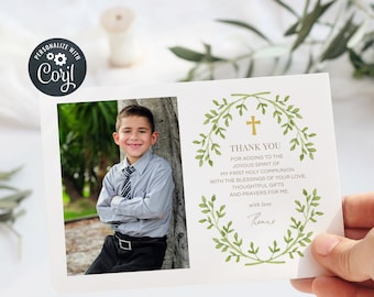 Holy Communion thank you card template, Photo thank you, Green Wreath Thank you Card (CH12)