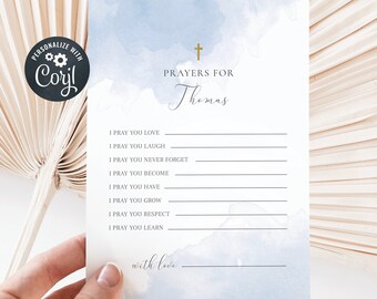 Editable Baptism Prayer Card template, Christening Prayer Card, Baby Boy Prayer Card, Blue Watercolour Prayer Card (CH112)