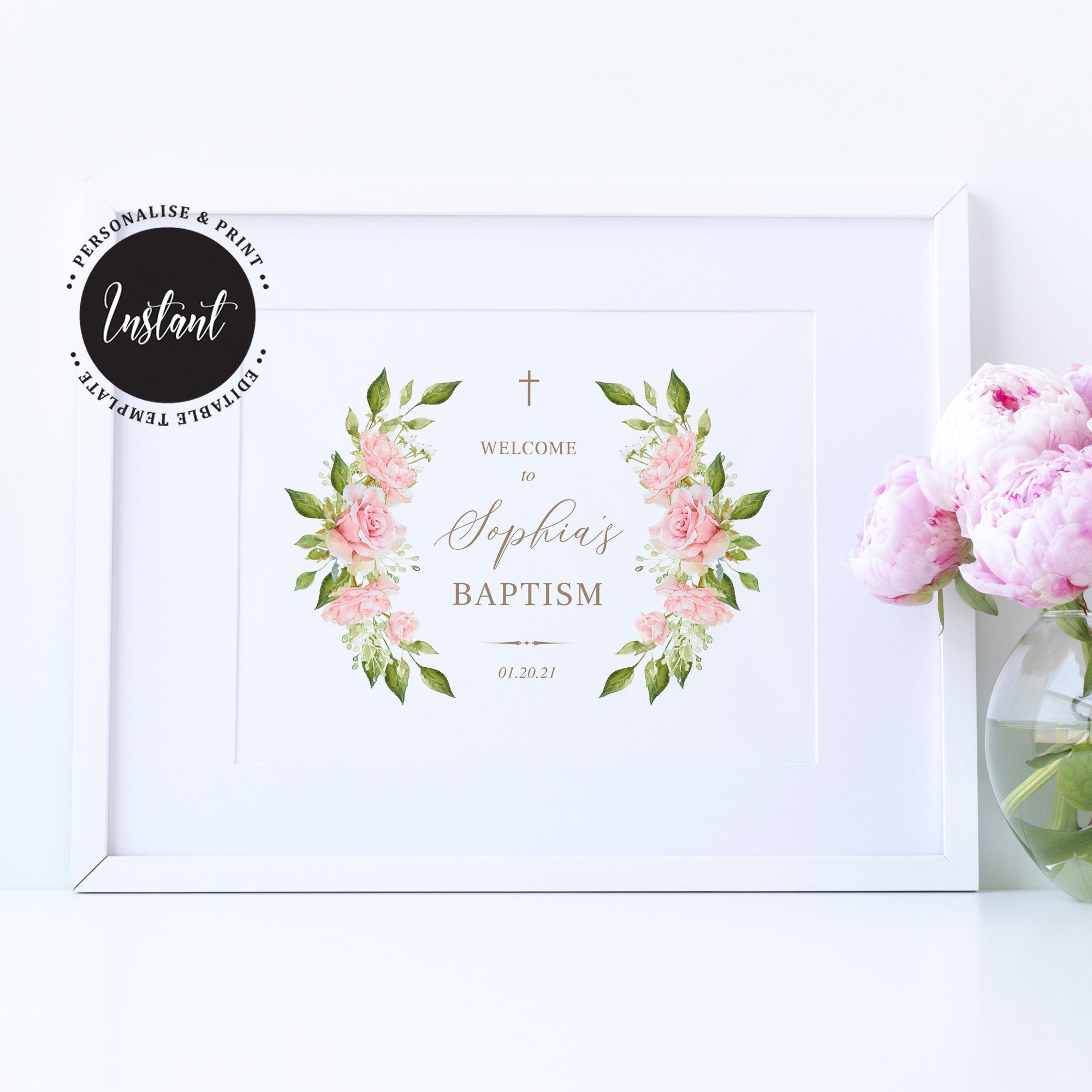 Instant Download CH460 Pink Watercolour Flowers Baptism Welcome Sign Christening or Communion Welcome Sign