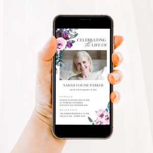 Electronic Funeral Announcement, Funeral Evite, Celebration of life, Editable Funeral Invitation, Female Purple Floral Funeral Evite (F89)