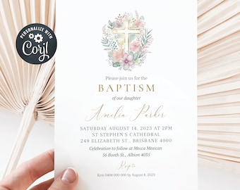 Editable Baptism Invitation, Girl Baptism Invite, Pink and Gold Watercolor Cross, Holy Communion Invite (CH109)