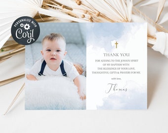 Boy Baptism thank you card template, Boy Christening thank you card, Photo thank you, Blue Watercolour thank you (CH112)