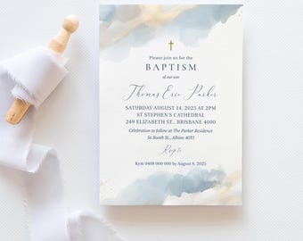 May include: A blue and gold watercolor baptism invitation with the text "Please join us for the Baptism of our son Thomas Eric Parker" and details for the event, including the date, time, location, and RSVP information.