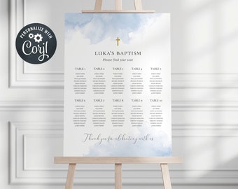 Baptism Seating Chart, Boy Seating Chart Template, Editable Seating Chart, Blue Watercolour (CH112)