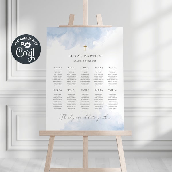 Baptism Seating Chart, Boy Seating Chart Template, Editable Seating Chart, Blue Watercolour (CH112)