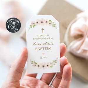 Girl Baptism Favor Tags, Christening Favor Tags, Editable Favor Tags, Pink and Gold (CH05)