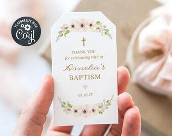 Girl Baptism Favor Tags, Christening Favor Tags, Editable Favor Tags, Pink and Gold (CH05)