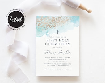 May include: A blue and gold watercolor invitation for a First Holy Communion. The invitation features a cross, the text "First Holy Communion", and the name "Thomas Parker". The invitation also includes the date, time, and location of the event.