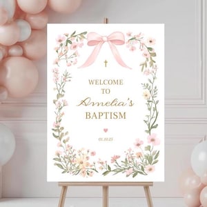Girl Baptism Welcome Sign Template, Christening Welcome Sign, Instant Download, Watercolour Wildflowers with Pink Bow (CH909)