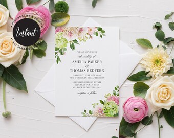 Editable Wedding Invitation and RSVP, Instant Download, Spring Garden (W04)